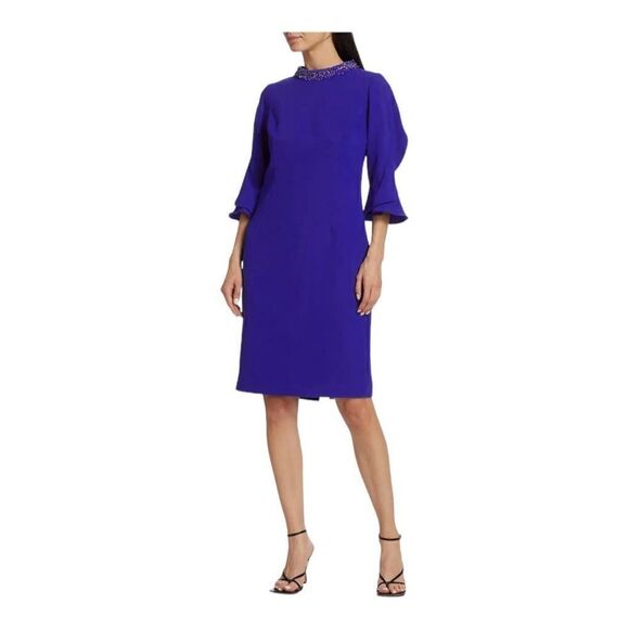 Teri Jon Blue Tulip Sleeve Crepe Cocktail Dress Size 16 - Picture 2 of 12